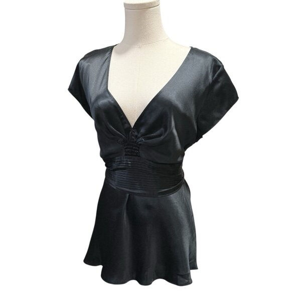Express Y2K 100% Silk Black Short Sleeve V-neck Tie Back Womens Top Size Large - Picture 3 of 9